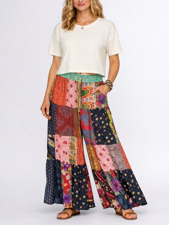 Young Threads Pants - Young Threads Boho Patchwork Wide‑Leg Palazzo Pants XL Drawstring Pockets Flowy